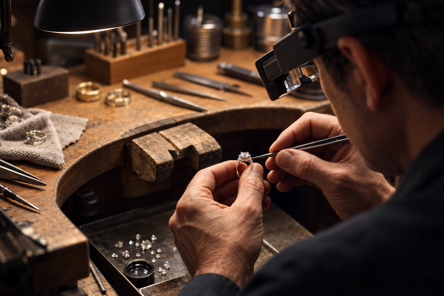 Jewelry craftsman performing professional jewelry repair