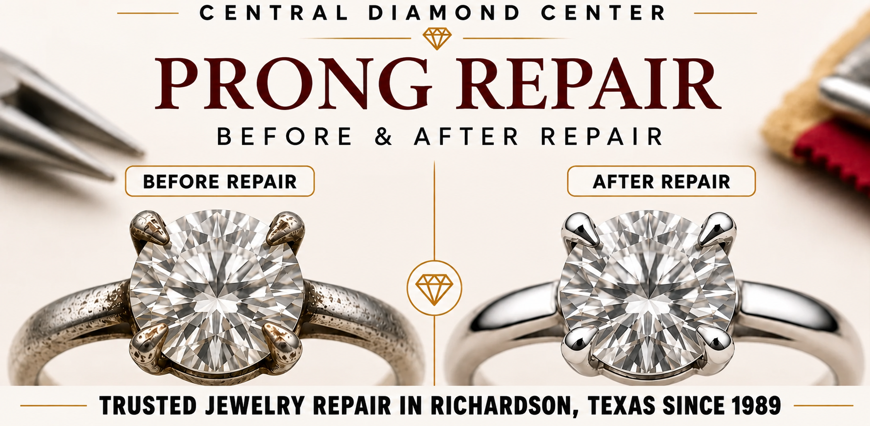 Worn prongs before and after jewelry repair